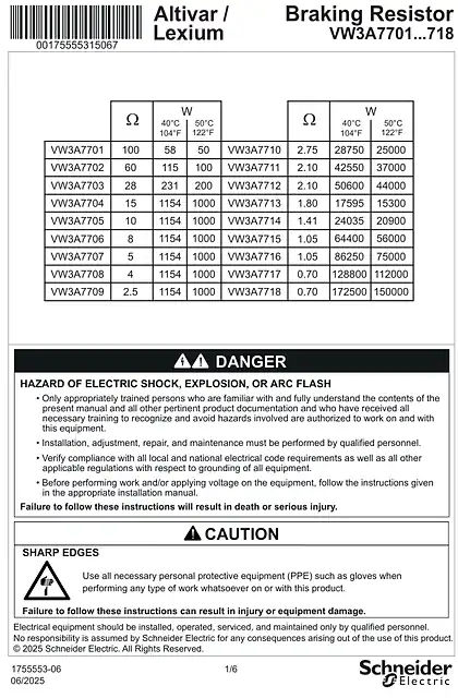 schneider施耐德Instruction Sheet - Braking resistors - VW3A7701-718